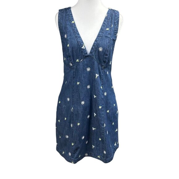 Free People Corrine Floral Embroidered Mini Denim Dress Criss Cross Back Sz S